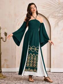 Al Najma 女士无袖阿拉伯风格连衣裙，简约时尚，适合夏季 - 墨綠色 - 查看 6