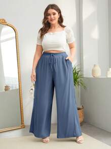 SHEIN LUNE Plus Knot Front Wide Leg Summer Pants - Dusty Blue - View 4