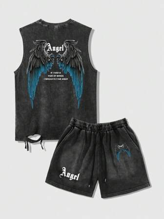 Goth Conjunto de top de tirantes y shorts de cintura elástica con estampado de alas y letras en estilo gótico desgastado, para Halloween