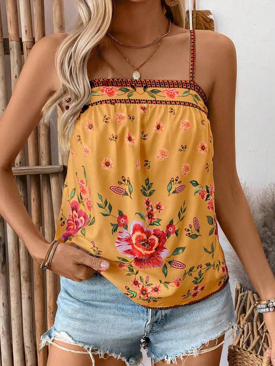 Breezaya Damen Lässig Urlaub Positionierter Muster Träger Top Grafik T-Shirts Damenshirts