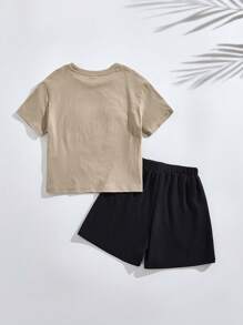 SHEIN 2 件套儿童男孩卡通狮子印花短袖 T 恤和短裤，休闲夏季服装 - 彩色 - 查看 2