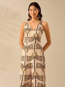 CAJUNI Women's Boho Tropical Coconut Tree Print Yellow Vacation Casual V-Neck Jumpsuit - Multicolor - View 1