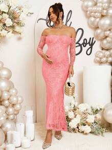 Loomaby Maternity Off Shoulder Long Sleeve Lace Fishtail Hem Elegant Fitted Dress, Baby Shower Dress - Pink - View 3