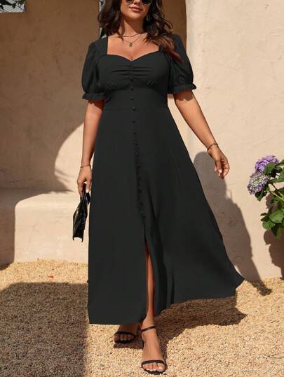 Juhart Plus Size Casual Solid Color Puff Sleeve Split Dress