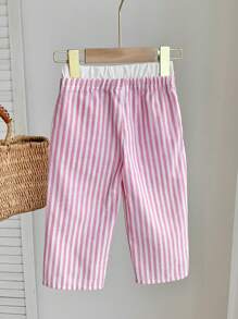 SHEIN LMoss Kids Baby Girl Pink Striped Elastic Waist Casual Pants, Spring & Summer - Pink - View 2