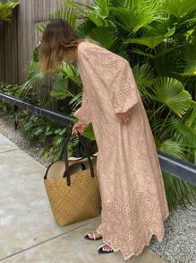 DAZY 女士花卉提花宽松V领长袖波西米亚风连衣裙，适合秋季、教师装、度假装、女士长款连衣裙 - 淺粉色 - 查看 3