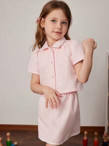 PrepCrw Young Girls 2pcs/Set Pink Chiffon Jacket Top And Pink Pleated Mini Skirt, Spring/Summer - Pink - View 5