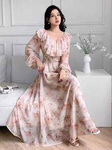 Modelyn Women's Floral Print Patchwork Ruffled Lantern Sleeve Elegant Arabian Dress