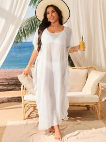 Swim Lushoire 大码纯色束腰上衣，时尚简约风格，适合夏季 - 白色 - 查看 6