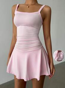 Calvaya Pink Spaghetti Strap Waist Ruffle Short Sports Dress For Women