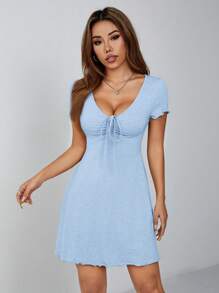SHEIN PETITE Lettuce Trim Drawstring Knot Front Summer Women Outfit Black Dress,Pastel Dresses For Women