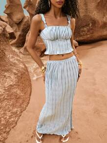 Poéselle Conjunto azul plissado, ideal para praia, com blusa de amarrar e saia plissada. Elegante, perfeito para encontros, férias, casamentos e festivais. Conjunto feminino casual de 2 peças com blusa regata de alças finas e saia. Moda minimalista para o verão. - Cinza - Ver 1