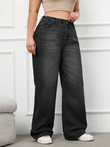 SHEIN Cottnline 100%Cotton Plus Size Belt Details Wide Leg Jeans - Black - View 6