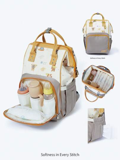 Cozy Pixies 1pc New Mommy Bag With Bear Decor, Large Capacity Diaper Backpack, Multi-Functional Maternity Changing Bag For Pregnant Girl
