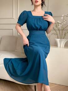 DAZY Women's Solid Color Square Neck Short Puff Sleeve Ruffle Elegant Mid-Length Dress Summer Elegant Sundress