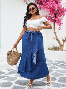 SHEIN VCAY Plus Size Denim Skirt, Casual/Resort Style, Blue Ruffle Hem Summer,Vacation Woman,Easter,Spring,Western,Office For Women,Rave,Baby Shower Skirt,Cottagecore,Country Women,Old Money Style Women,Going Out, ,Festival,Rodeo,Airport - Blue - View 4