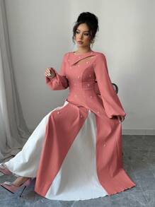 Modelyn 女士优雅双色拼接泡泡珠镂空腰 A 字形连衣裙超长女士装长款晚礼服 - 紅色 - 查看 4