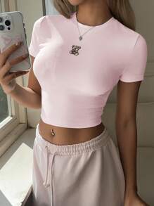 SHEIN EZwear 浅粉色针织修身小熊刺绣女式 T 恤 - 淺粉色 - 查看 2