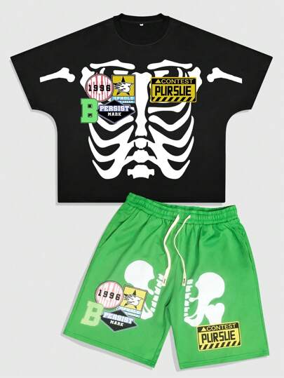 Street Life Herren Sommer Lässig Set aus T-Shirt mit Totenkopf Muster und Shorts