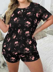 Slumberry CURVE Bộ quần short tay ngắn họa tiết trái tim, anh đào và nơ phong cách thường ngày của INS, màu mơ - màu đen - Xem 3