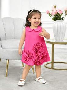 SHEIN Babygirl Summer Sleeveless Solid Color Cute 3D Flower Decor Peter Pan Collar Dress - Hot Pink - View 4