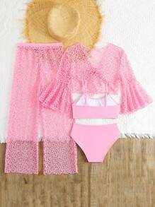 SHEIN Tween Girl 纯色镂空比基尼泳装，带罩衫，海滩度假 - 淺粉色 - 查看 2