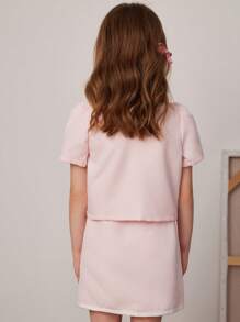 PrepCrw Young Girls 2pcs/Set Pink Chiffon Jacket Top And Pink Pleated Mini Skirt, Spring/Summer - Pink - View 3