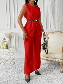 Lyxana Casual Fashion Daily Versatile Round Neck Sleeveless Asymmetric Hem Top And Wide Leg Pants With Waist Belt, 2 Pieces Set For Women, Autumn/Winter For New Year Clothes