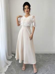 Rafferiza Casual Vacation Vest With Attached Shawl & Long Mesh Elegant Dress - Apricot - View 4