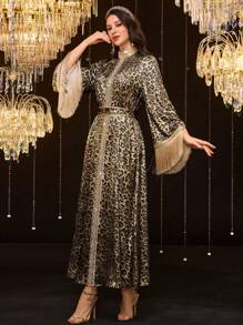 Al Najma Elegante abito da donna stile arabo, con stampa leopardata, inserto con frange sulle maniche, modesto - nero - Visualizzare 7