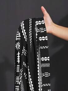 Slaydiva 2025 Spring/Summer New Arrival Women Plus Size Black & White Retro Print Shorts + Long Sleeve Cardigan Beach Outfit, Vacation & Seaside & - Black and White - View 8