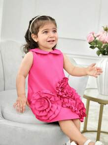 SHEIN Babygirl Summer Sleeveless Solid Color Cute 3D Flower Decor Peter Pan Collar Dress - Hot Pink - View 6