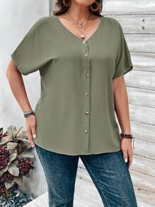 EMERY ROSE Plus Size Women's Orange Button Embellished Short Sleeve Shirt For Spring - Mint Green - View 6
