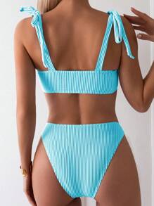 SHEIN Swim 女士条纹比基尼套装，适合海滩/度假 - 薄荷藍 - 查看 2