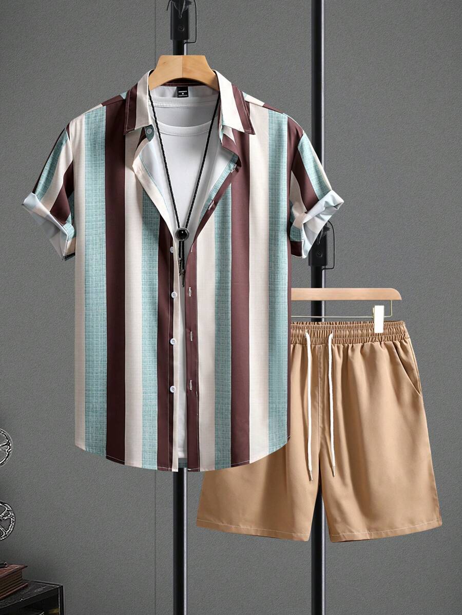 Manfinity Homme 男士短袖衬衫和短裤套装，简约时尚，适合夏季 - 彩色 - 查看 1