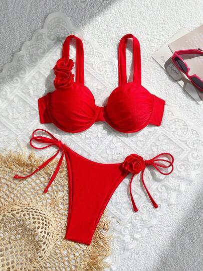 Swim Chiccia Conjunto de bikini de triángulo sexy con tirantes gruesos rojos, diseño floral y escote trasero sin espalda, apto para playa y verano