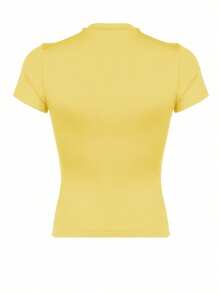 INAWLY Kaos Kasual Wanita Warna Polos Leher Bulat Lengan Pendek Potongan Slim Fit - Kuning - View 3