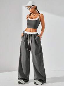 Coolane Conjunto de 2 piezas de moda para mujer, top y pantalones de 2 en 1 con empalmes de color contrastante, apropiado para usar de manera informal en primavera y verano
