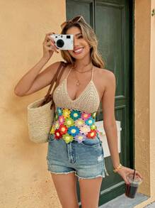 Breezaya Top tipo crop de punto con escote halter, floral de ganchillo y nudo a la espalda, estilo vacacional/playa para primavera/verano - Albaricoque - Ver 5