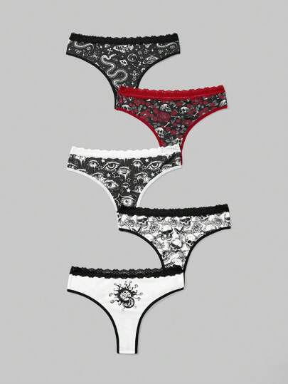 Goth 5pcs Gothic Skull, Eye, Sun, Moon, Star, Snake Bone Contrast Lace Ladies Thong Panties Set