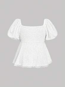 SHEIN MOD Plus Size Lace Flared Puff Sleeve Blouse, Babydoll Top, Stylish & Minimalist For Summer