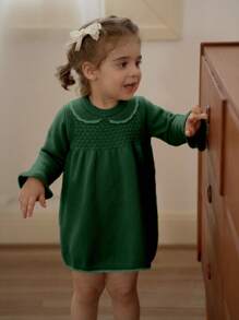 Baby Mädchen grünes gestricktes Kleid, geeignet für Zuhause, Ausgänge, Feste, Partys, Feierlichkeiten im Herbst/Winter - Dunkelgrün - Übersicht 5
