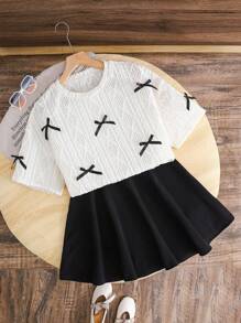 SHEIN Teen Girls Casual With Bow Decoration & Woven Solid Color Loose Round Neck Short Sleeve T-Shirt & Black Casual Skirt Set,Suitable For Everyday Wear