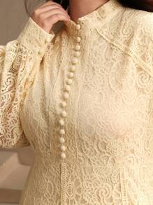 Anewsta Elegant Women's Lace Maxi Long Dress, Spring Outfits - Apricot - View 4