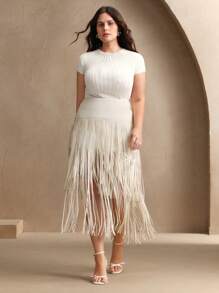 Anewsta Elegant, Casual, Vacation Curve-Fit High-Waist Beige Soft Leather Long Fringe Skirt For Women