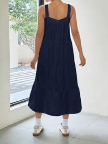 SHEIN EZwear Solid Color Minimalist Daily Long A-Line Sleeveless Slip Dress, Spring/Summer - Navy Blue - View 2