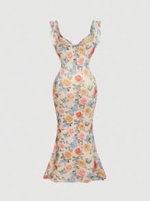 SHEIN MOD Plus Size Elegant Romantic Vacation Floral Print Ruffle Sleeve Dress.Fairycore Tea Party Dresses,Beach Dress Sundress,Holiday Outfits Boho - Multicolor - View 2