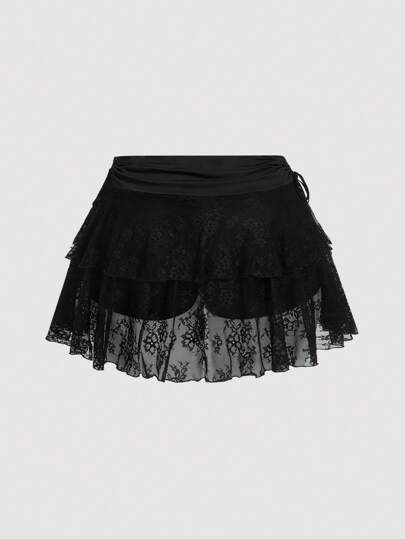 SHEIN MOD Váy mini eo rút ren đen cỡ lớn dành cho nữ, Năm mới, Lễ hội Rave, Y2K, Váy gợi cảm, Trang phục phương Tây, Đồng quê, Ngày lễ tình nhân
