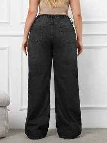 SHEIN Cottnline 100%Cotton Plus Size Belt Details Wide Leg Jeans - Black - View 2