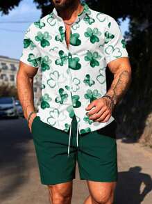 Manfinity Homme Heren Casual Clover Print Korte Mouw Enkelrijs Shirt En Shorts Set Voor Vakantie